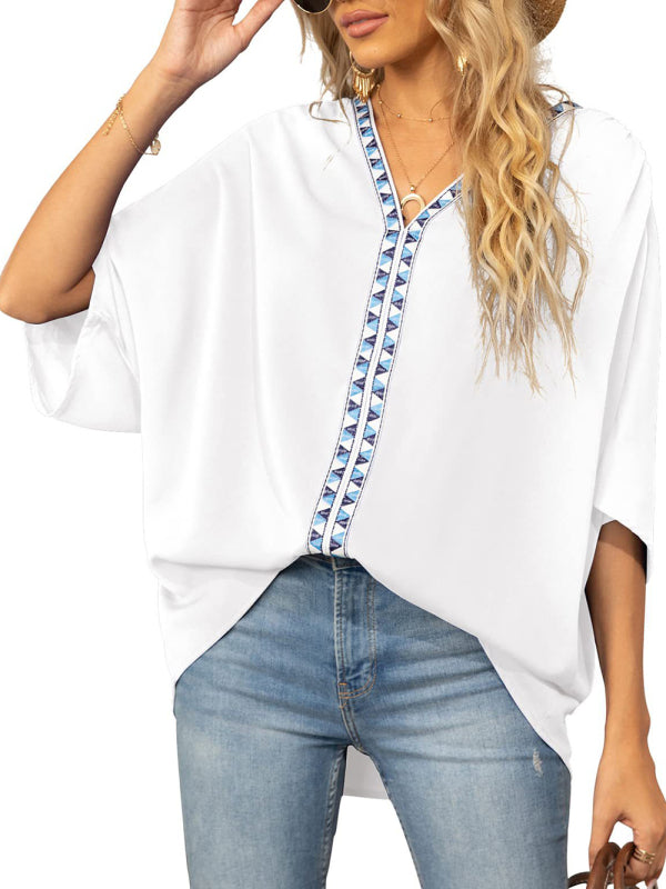 Women's Dolman Sleeve Chiffon V-Neck Short Sleeve Shirt Shirt