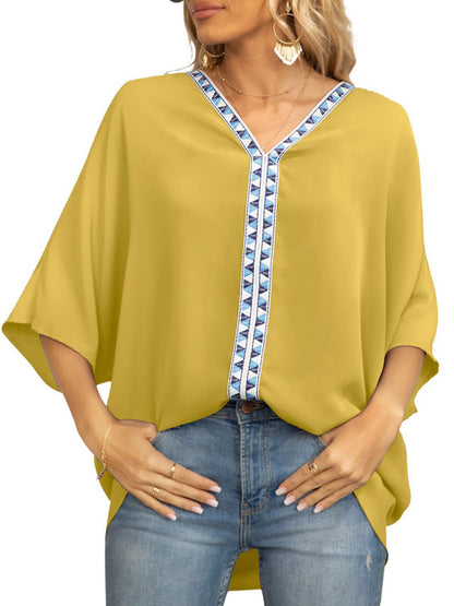 Women's Dolman Sleeve Chiffon V-Neck Short Sleeve Shirt Shirt