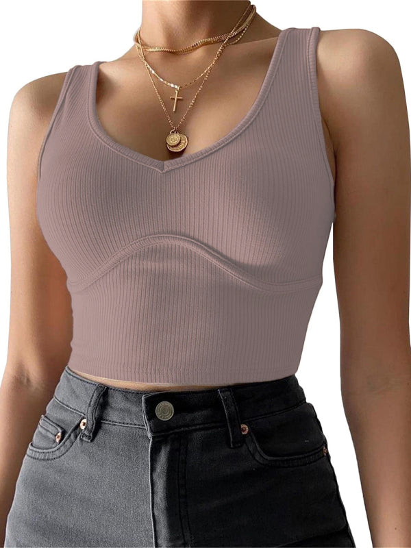 Women's V-Neck Stitching Stretch Solid Color Knit Tank Top