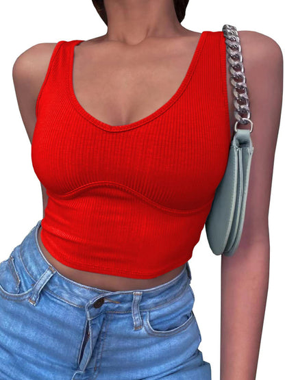 Women's V-Neck Stitching Stretch Solid Color Knit Tank Top