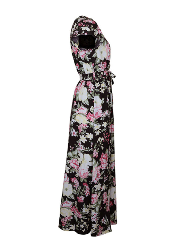 New European and American women's summer vacation mid-length slit floral dress