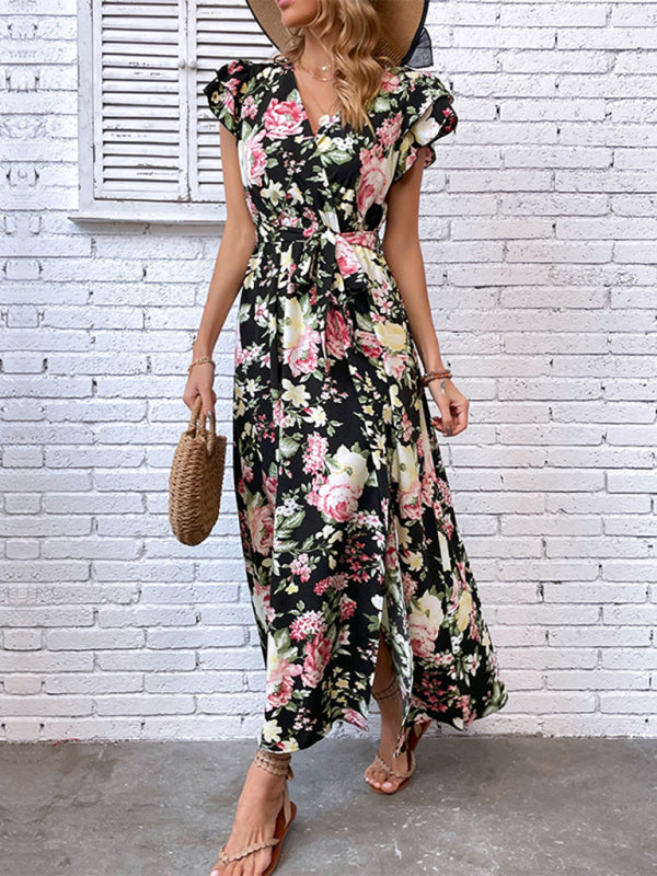 New European and American women's summer vacation mid-length slit floral dress