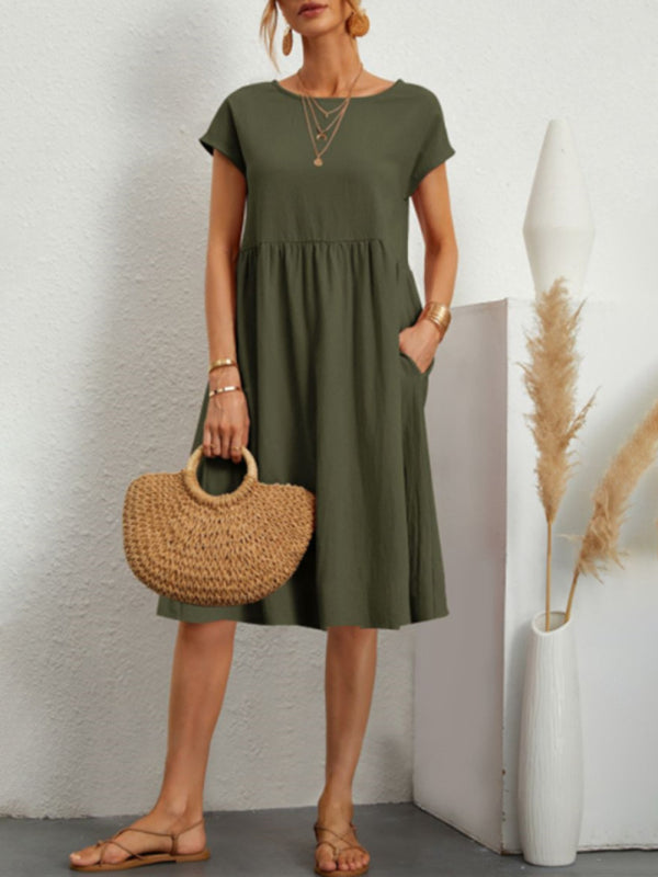 Women's Solid Color Round Neck A-Line  Dress