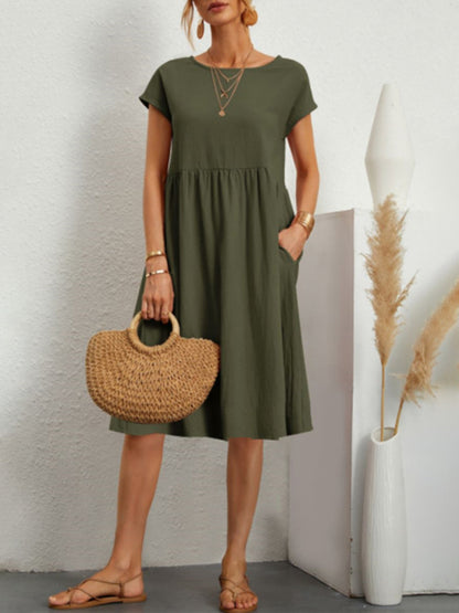 Women's Solid Color Round Neck A-Line  Dress