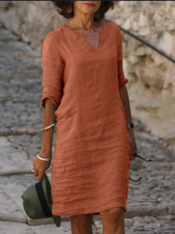 New cotton and linen solid color slim V-neck mid-sleeved dress