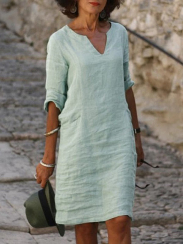 New cotton and linen solid color slim V-neck mid-sleeved dress