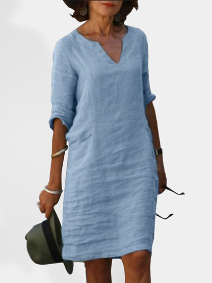 New cotton and linen solid color slim V-neck mid-sleeved dress