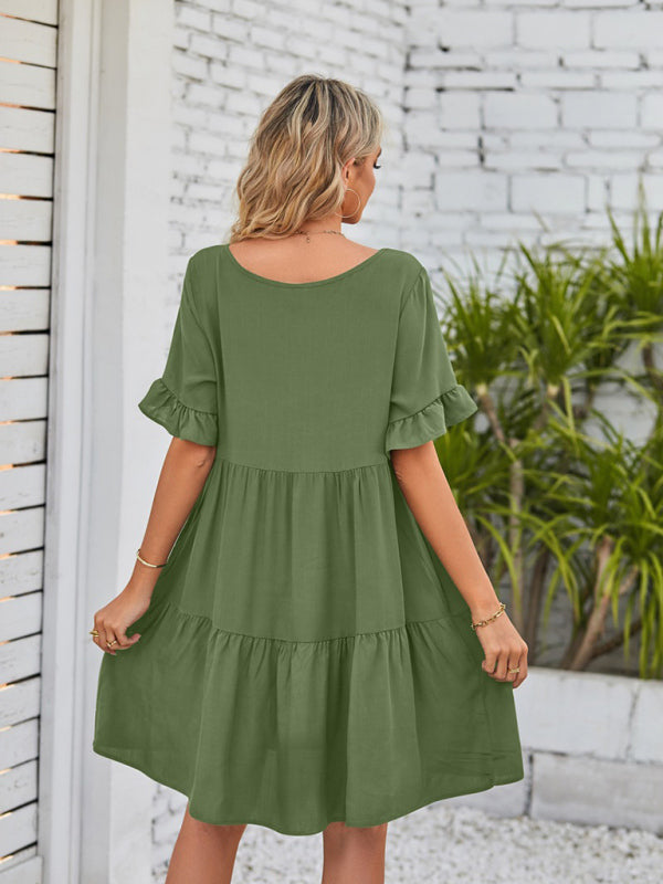 Summer Casual V-Neck Babydoll Three Layer Pleated Dress