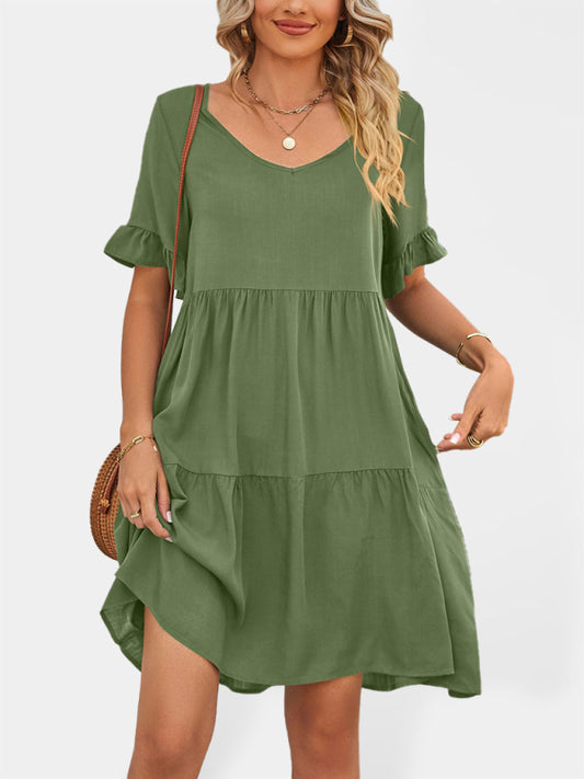 Summer Casual V-Neck Babydoll Three Layer Pleated Dress