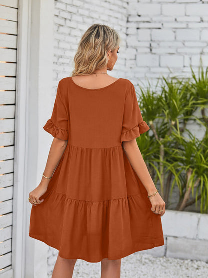 Summer Casual V-Neck Babydoll Three Layer Pleated Dress