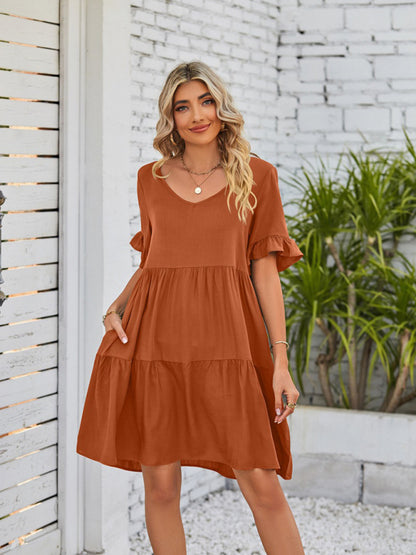 Summer Casual V-Neck Babydoll Three Layer Pleated Dress