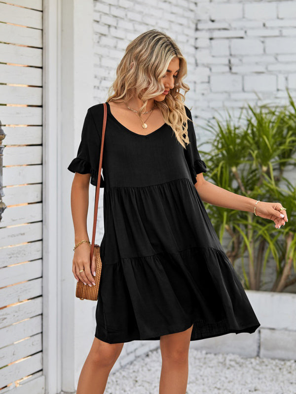 Summer Casual V-Neck Babydoll Three Layer Pleated Dress