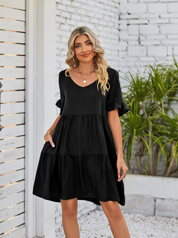 Summer Casual V-Neck Babydoll Three Layer Pleated Dress