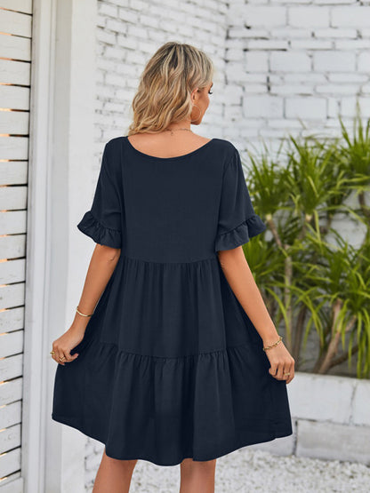 Summer Casual V-Neck Babydoll Three Layer Pleated Dress