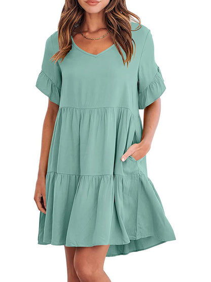 Summer Casual V-Neck Babydoll Three Layer Pleated Dress