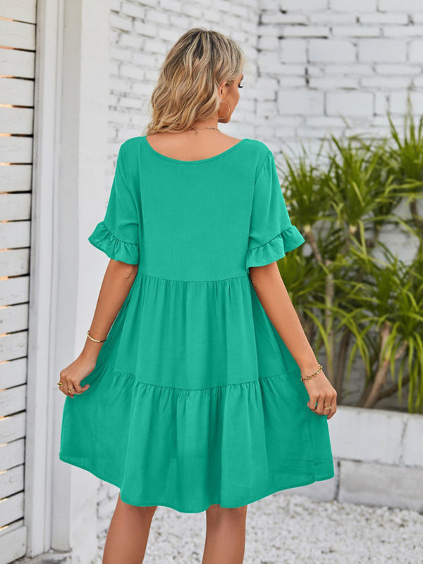 Summer Casual V-Neck Babydoll Three Layer Pleated Dress