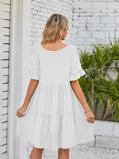 Summer Casual V-Neck Babydoll Three Layer Pleated Dress