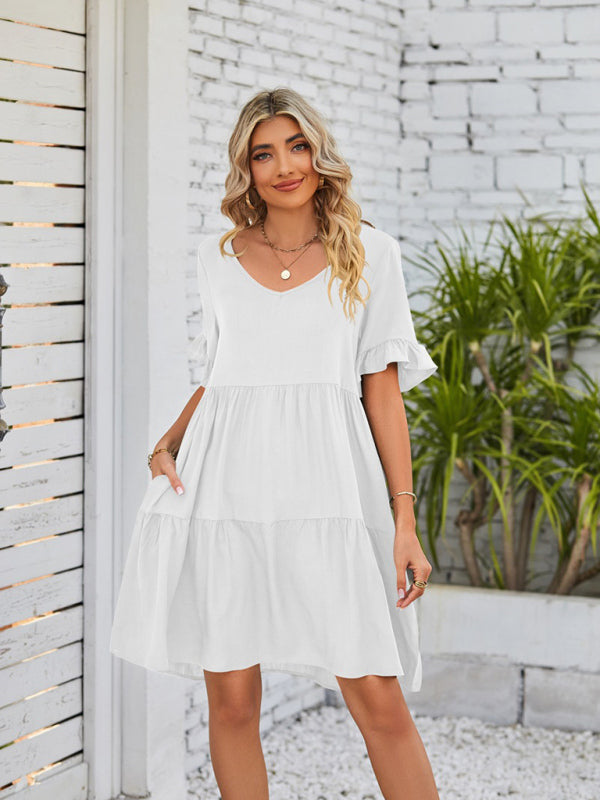 Summer Casual V-Neck Babydoll Three Layer Pleated Dress