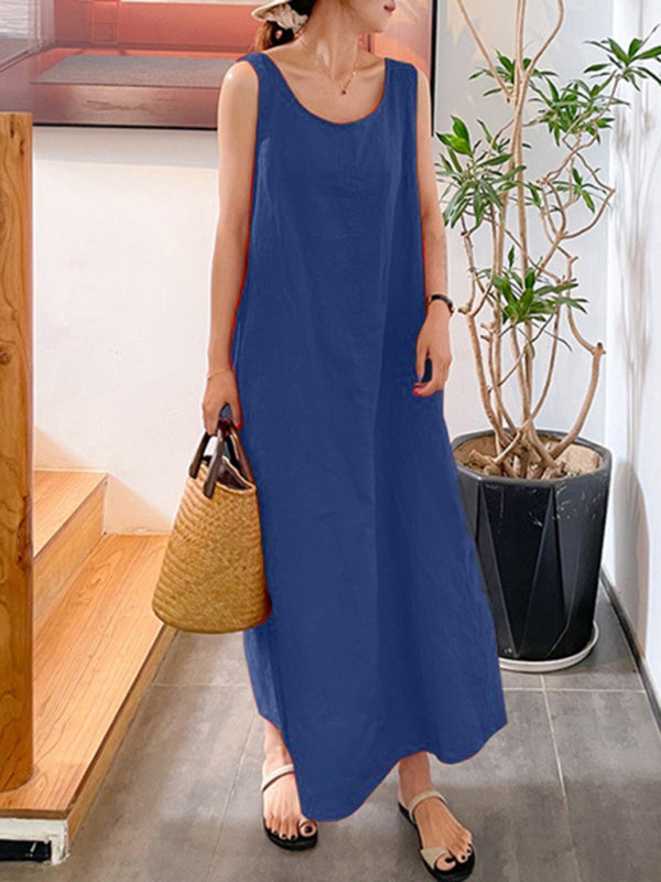 Women's Cotton Linen Simple Style Loose Pocket Round Neck Temperament Sleeveless Dress