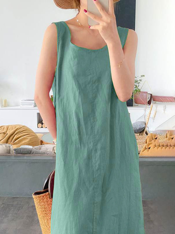 Women's Cotton Linen Simple Style Loose Pocket Round Neck Temperament Sleeveless Dress