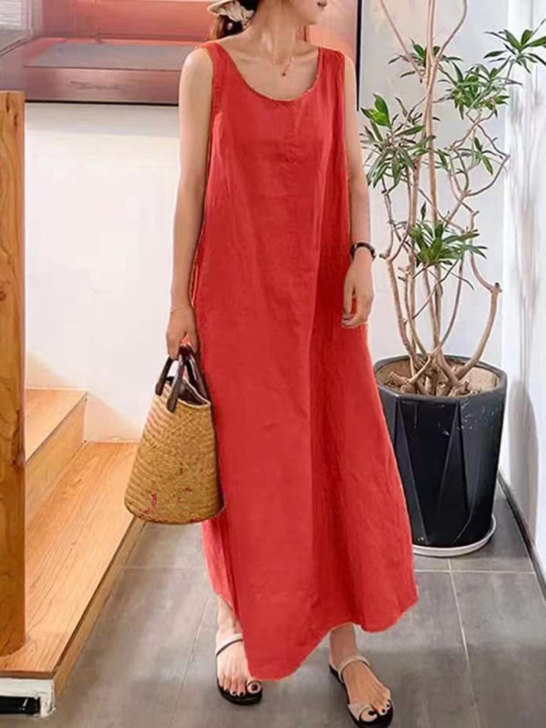 Women's Cotton Linen Simple Style Loose Pocket Round Neck Temperament Sleeveless Dress