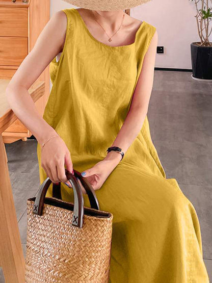 Women's Cotton Linen Simple Style Loose Pocket Round Neck Temperament Sleeveless Dress