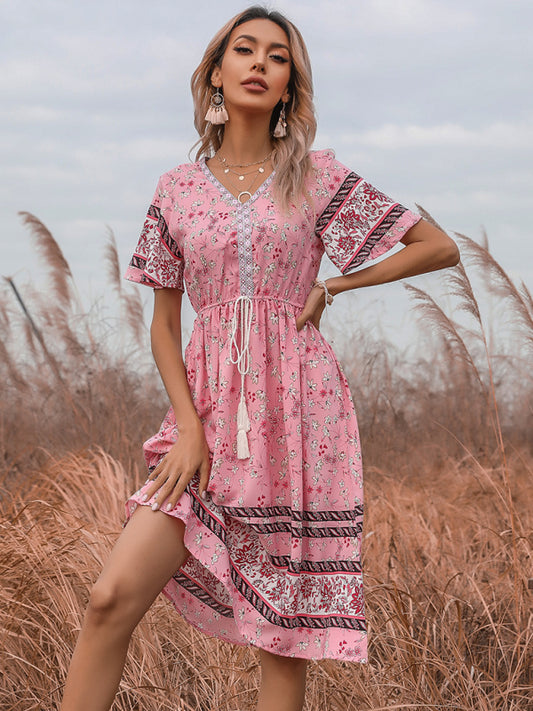 Women's Bohemian Short Sleeve V-Neck Floral Dress