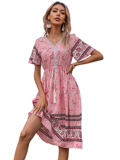 Women's Bohemian Short Sleeve V-Neck Floral Dress