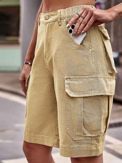 New Elastic Waist Denim Cargo Cropped Shorts