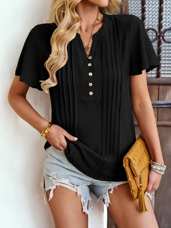 Women's Solid Color V Neck Casual Short Sleeve Top