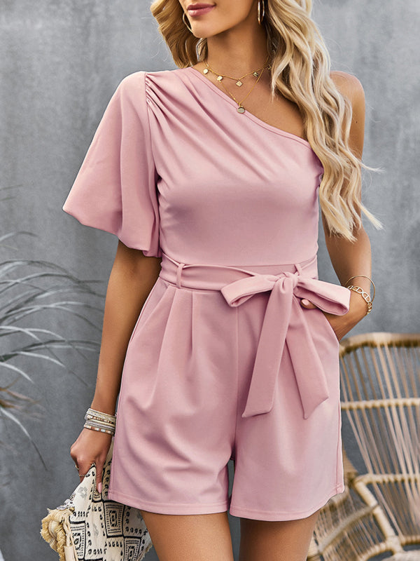 Women's Elegant Solid Color One Shoulder Rompers