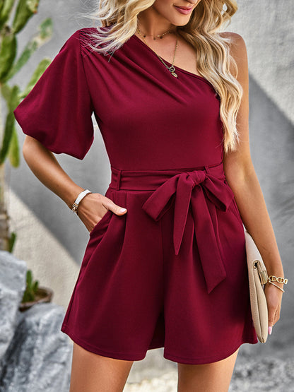 Women's Elegant Solid Color One Shoulder Rompers