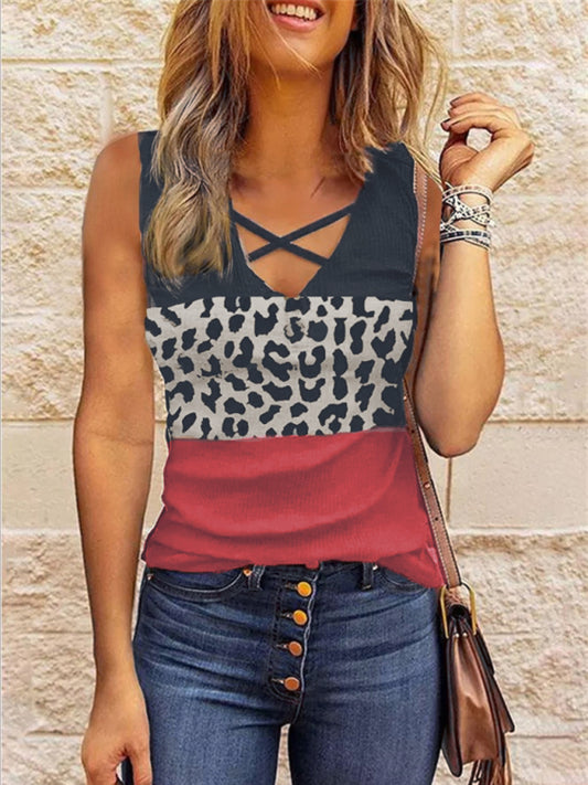 New women's leopard stitching V-neck top