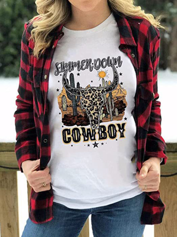 Women's Casual Short Sleeve Tops Highland Cow Western Cowboy Vintage Athletic T-Shirt