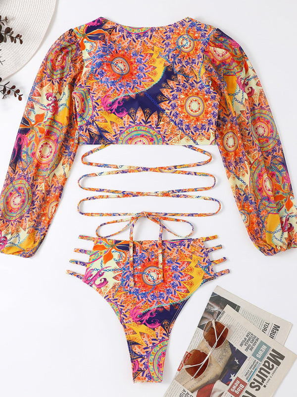 Women's Ethnic Printed Mesh Long Sleeve Bikini Set