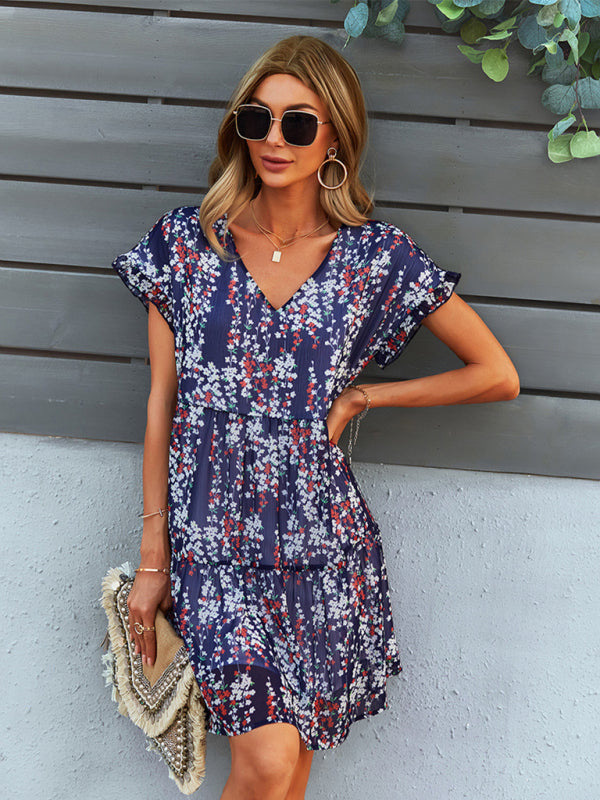 Women's Woven V-Neck Printed Loose Short Sleeve Chiffon Dress