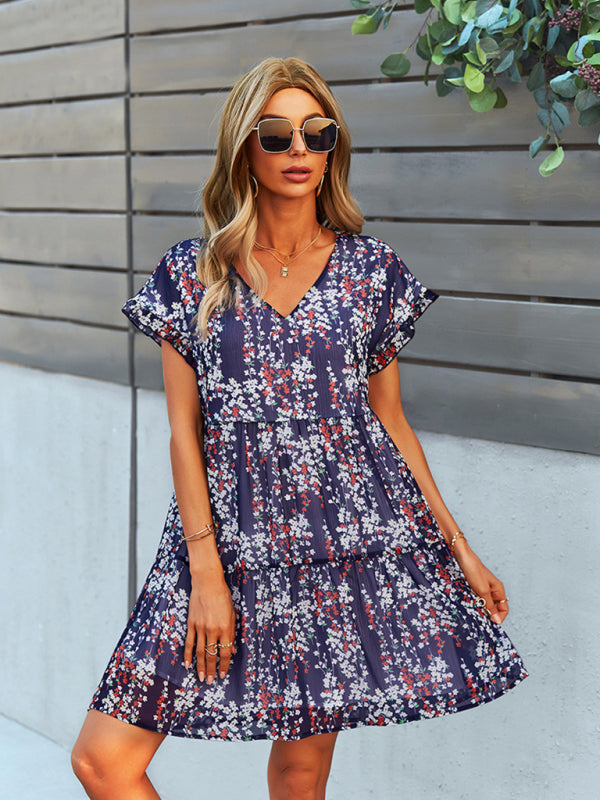 Women's Woven V-Neck Printed Loose Short Sleeve Chiffon Dress