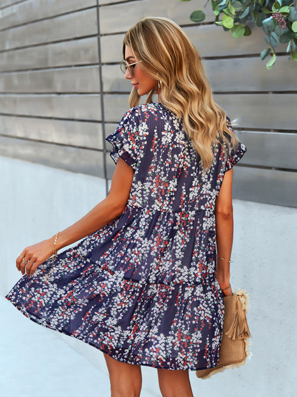 Women's Woven V-Neck Printed Loose Short Sleeve Chiffon Dress