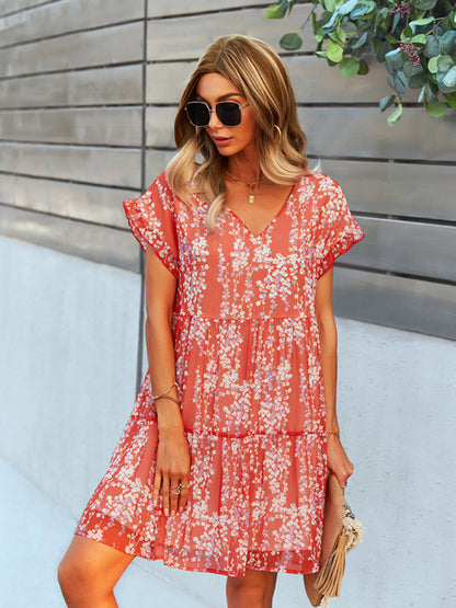 Women's Woven V-Neck Printed Loose Short Sleeve Chiffon Dress