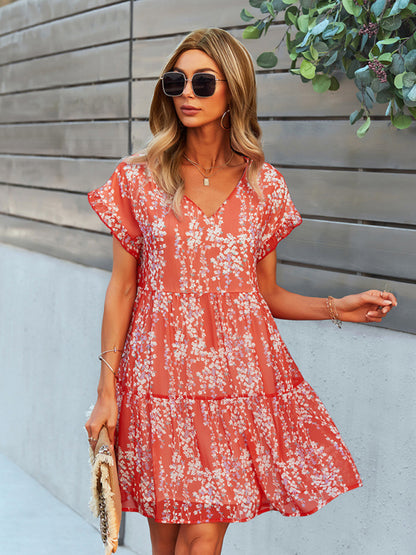 Women's Woven V-Neck Printed Loose Short Sleeve Chiffon Dress