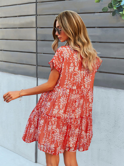 Women's Woven V-Neck Printed Loose Short Sleeve Chiffon Dress