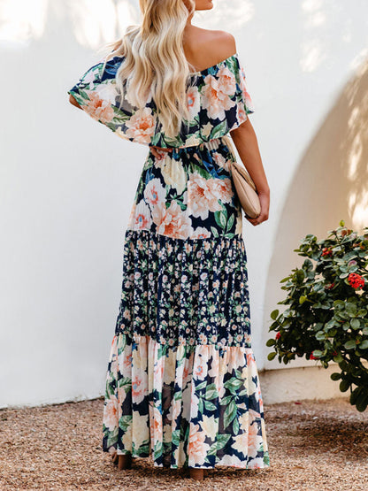 New one-shoulder printed long swing dress