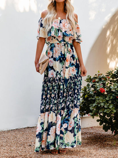 New one-shoulder printed long swing dress