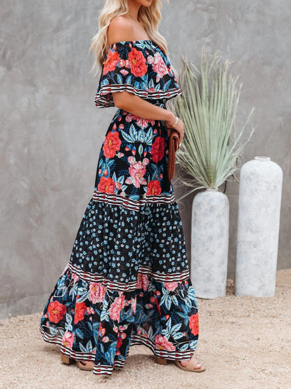 New one-shoulder printed long swing dress