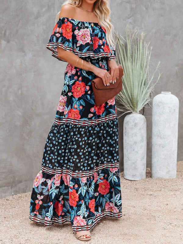 New one-shoulder printed long swing dress