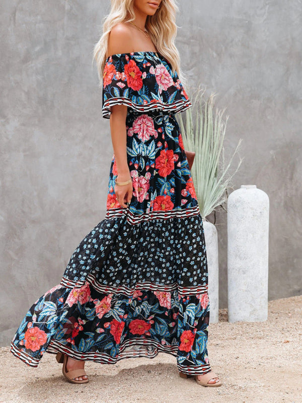 New one-shoulder printed long swing dress