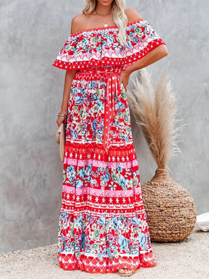 New one-shoulder printed long swing dress