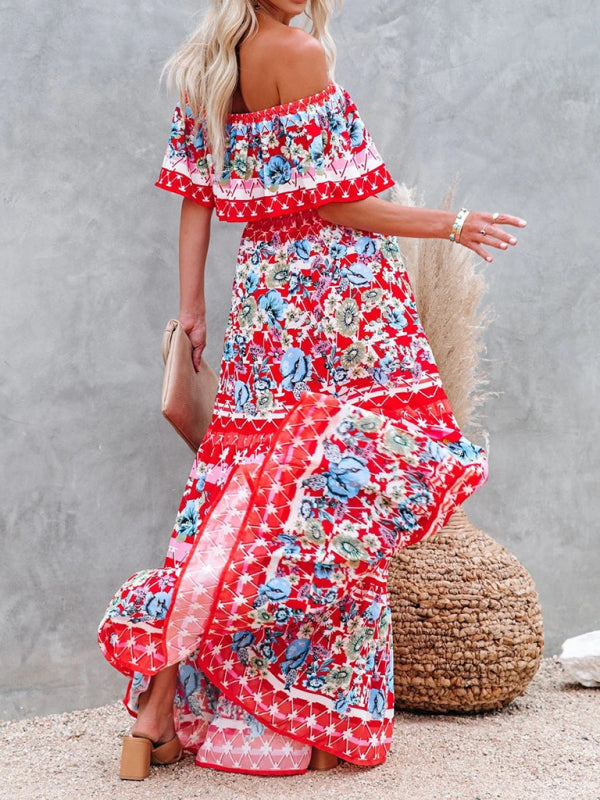 New one-shoulder printed long swing dress