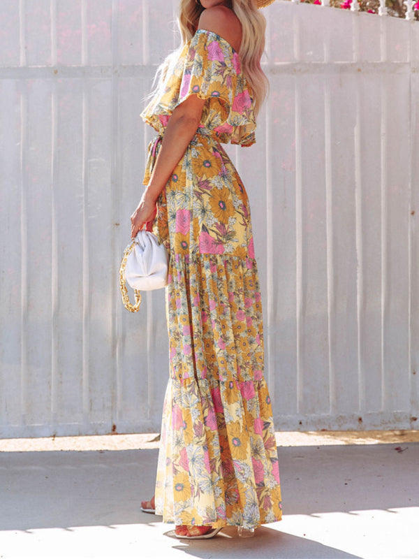 New one-shoulder printed long swing dress