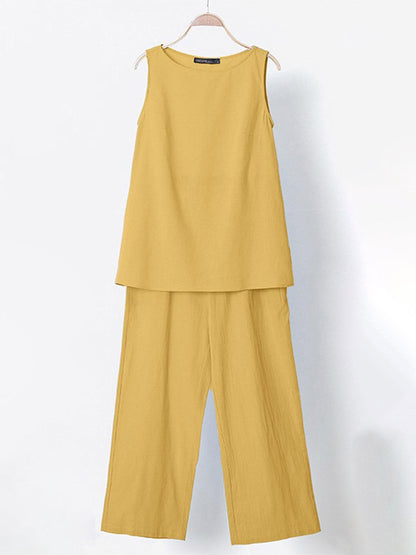 Women's Solid Color Cotton Linen Sleeveless Top + Wide-leg Pants Two-Piece Suit